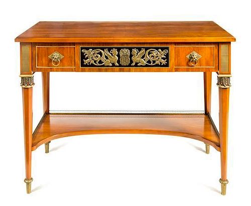 * An Empire Style Gilt Metal Mounted Console Table Height 34 x width 43 3/4 x depth 20 1/2 inches.