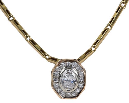 14kt. Custom Oval Diamond Pendant, and 18kt. Chain 