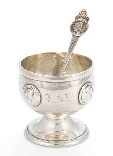 GORHAM "MEDALLION" STERLING AND COIN SILVER TWO-PIECE OPEN SALT AND SALT SPOON SET