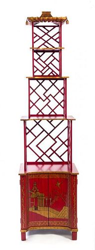 * A Chinese Chippendale Style Painted and Parcel Gilt Etagere Height 82 x width 22 x depth 15 inches.