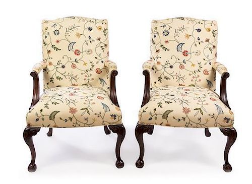 * A Pair of Chippendale Style Crewel Upholstered Library Chairs Height 40 1/2 inches.