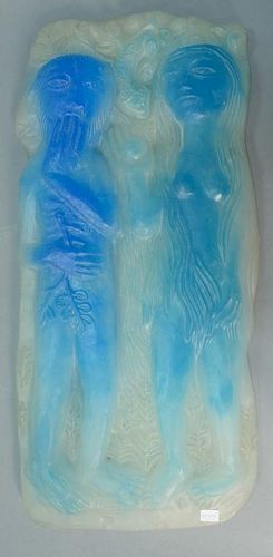 Pierre Toulhoat for Daum 
blue, green, and frosted glass pate-de-verre figural plaque 
"Paradis" 
Adam and Eve
marked: Daum T