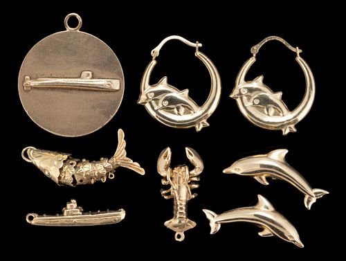 VINTAGE 14K YELLOW GOLD NAUTICAL-THEMED FIGURAL JEWELRY, LOT OF EIGHT PIECES