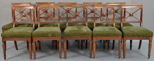 Set of ten mahogany Sheraton side chairs with X backs and upholstered slip seats, probably first quarter 19th century. 
heigh