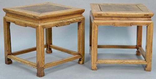 Pair of Chinese hardwood stands with square burl wood center inset panels. 
height 19 inches, top: 19" x 19"
