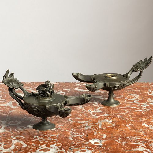 Near Pair of Bronze Oil Lamps, After the Antique