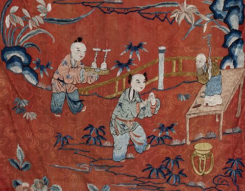 RARE CHINESE SILK EMBROIDERED PANELS OF THE FIVE SONS