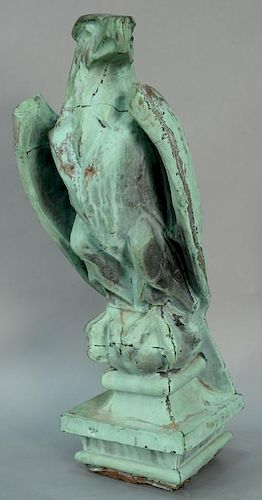 Copper full body eagle standing upright on ball and square base, previously attached at back bottom, probably late 19th centu