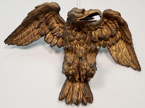 Attributed to Samuel McIntire, carved giltwood eagle with spread wings in high relief carving, realistically carved with out-