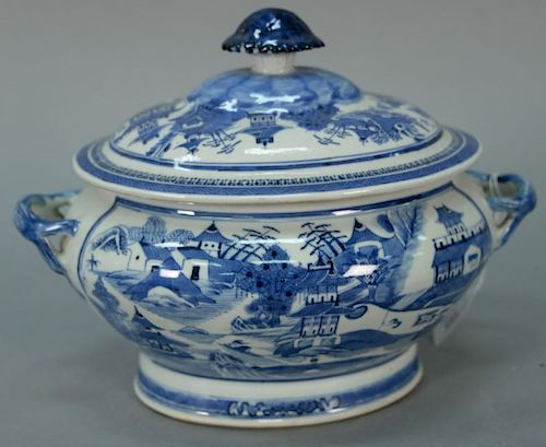 Chinese export porcelain blue and white Canton covered tureen. 
height 9 inches, length 12 inches