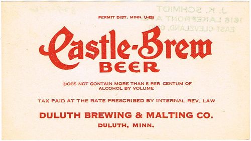 1933 Castle-Brew Beer Dupe No Ref. Duluth Minnesota