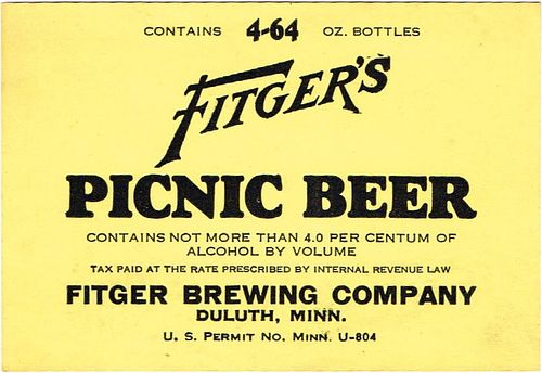 1933 Fitger's Picnic Beer No Ref. Keg or Case Label CS79-X Unpictured Duluth Minnesota