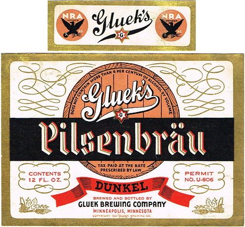 1933 Gluek's Pilsenbrau Dunkel Beer 12oz CS89-01V Minneapolis Minnesota