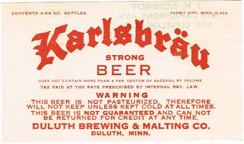 1933 Karlsbrau Beer Dupe CS77-X Unpictured Duluth Minnesota