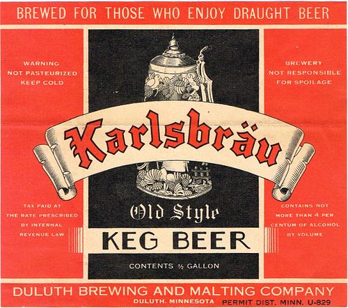 1934 Karlsbrau Old Style Keg Beer Half Gallon Picnic CS77-14 Duluth Minnesota