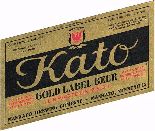 1934 Kato Gold Label Beer 12oz CS85-20 Mankato Minnesota