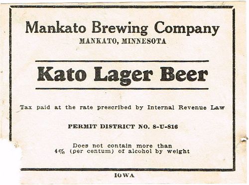 1934 Kato Lager Beer 12oz CS85-X Unpictured Mankato Minnesota