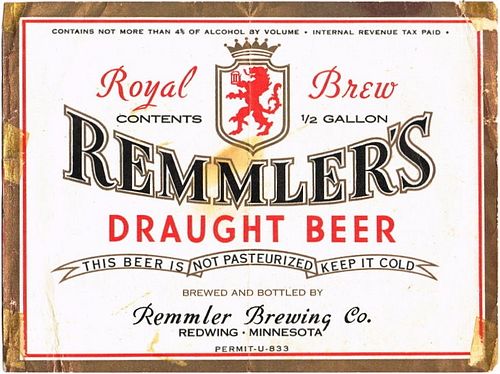 1935 Remmler's Draight Beer Half Gallon Picnic CS95-18 Red Wing Minnesota