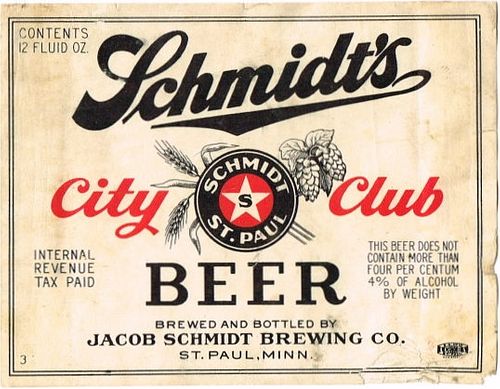 1944 Schmidt's City Club Beer 12oz CS102-10 Saint Paul Minnesota