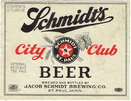 1946 Schmidt's City Club Beer 12oz CS102-10 Saint Paul Minnesota