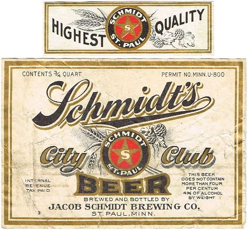 1936 Schmidt's City Club Beer 24oz CS102-05v3 Saint Paul Minnesota