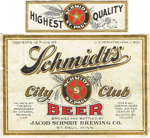 1934 Schmidt's City Club Beer 12oz CS102-02 Saint Paul Minnesota