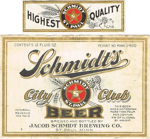 1936 Schmidt's City Club Beer 12oz CS102-05v3 Saint Paul Minnesota