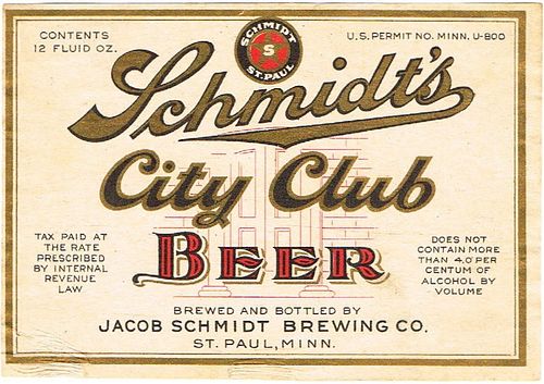 1933 Schmidt's City Club Beer 12oz CS102-01 Saint Paul Minnesota