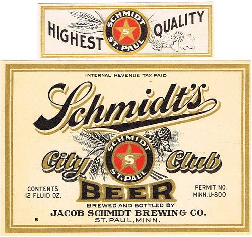 1935 Schmidt's City Club Beer CS102-05v8 Saint Paul Minnesota