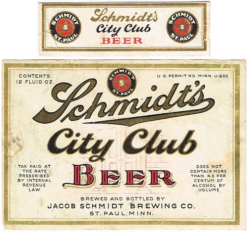 1933 Schmidt's City Club Beer 12oz CS102-01v Saint Paul Minnesota