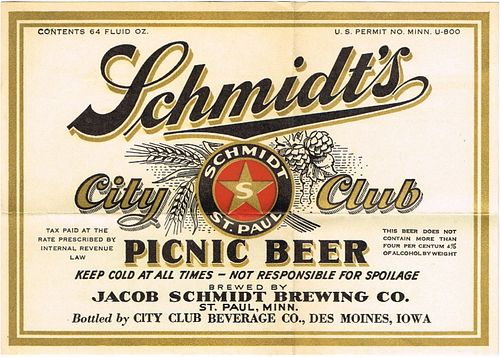 1939 Schmidt's City Club Beer Half Gallon Picnic CS102-07 Saint Paul Minnesota