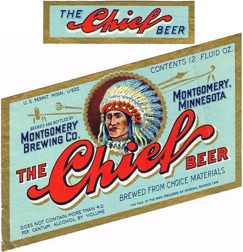 1934 The Chief Beer 12oz CS92-17 Montgomery Minnesota