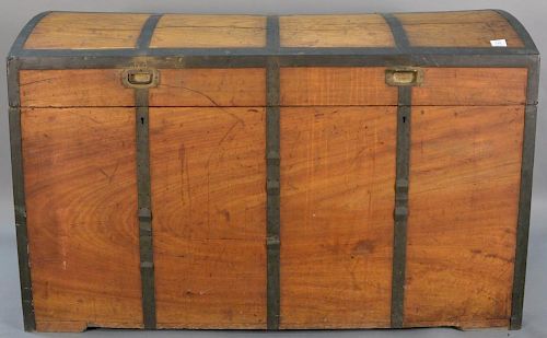 Camphorwood brass bound chest having domed top with large brass handles, interior with two camphorwood trays and one till, 19