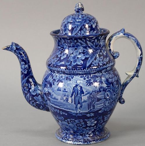 Historic Blue Staffordshire coffee pot depicting Washington tomb with ships in background.  (spout with edge chips, cover wit