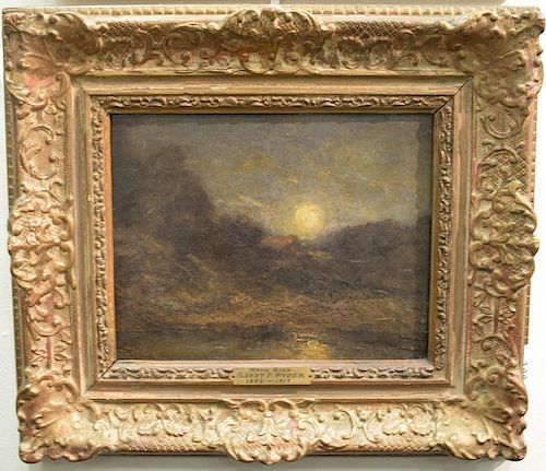 In the Manner of Albert Pinkham Ryder (1847-1917) 
oil on canvas mounted on panel 
Moon Rise 
unsigned 
plaque marked Albert 