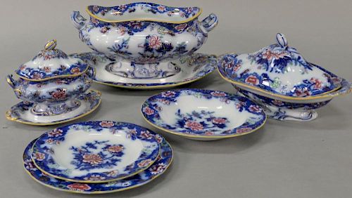 English flow blue Copeland & Garrett stone china, pattern 7441, with hand painted flower design, seventy total pieces to incl
