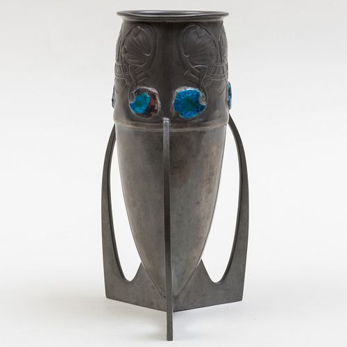 Archibald Knox for Liberty & Co. Tudric Pewter and Enamel 'Bomb' Vase
