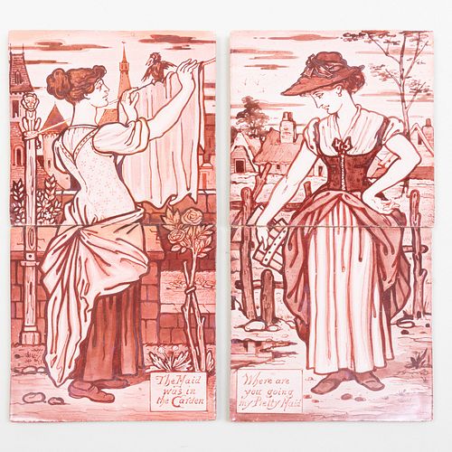 Morris & Co. Two Tile Panel 'Where are You Going My Pretty Maid?', Attributed to Walter Crane