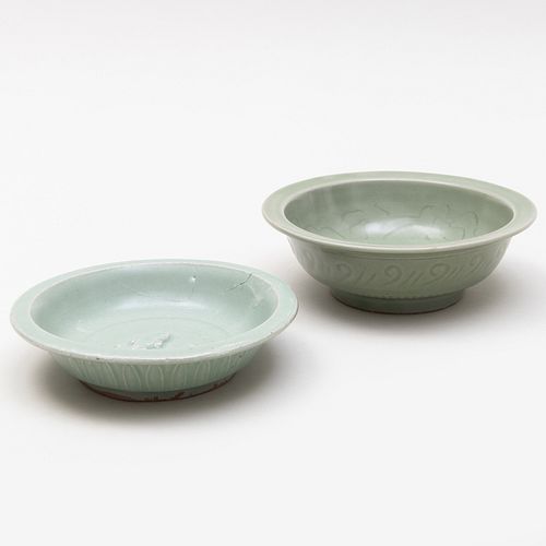 Two Chinese Celadon Glazed Earthenware Twin Fish Dishes 