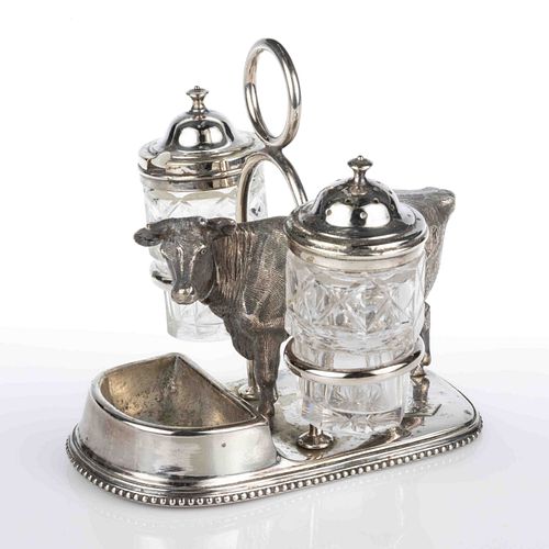 ENGLISH SILVER FIGURAL COW AND CUT GLASS CONDIMENT SET