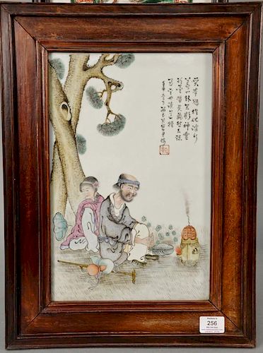 Chinese porcelain plaque of man and woman under a tree, signed. 
Originally sold by Joseph Wei. 
plaque size: 15 1/2" x 10"