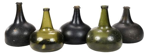 Group of Five Early Onion/Belgian Form Glass Bottles