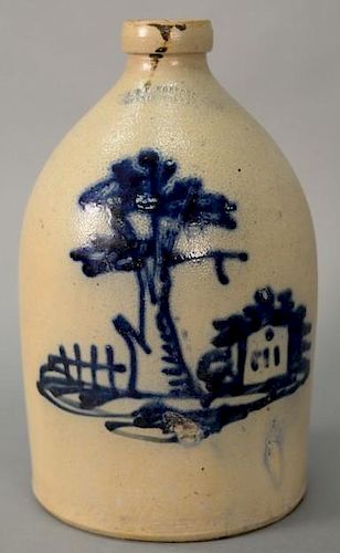 Rare stoneware three gallon jug with cobalt blue house, tree, and fence scene, stamped J & E Norton, Bennington, V.T.  (rim i