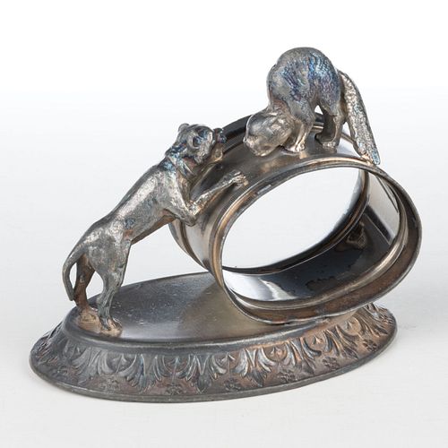 MERIDEN SILVER PLATE CO. CAT AND DOG FIGURAL SILVER-PLATED NAPKIN RING