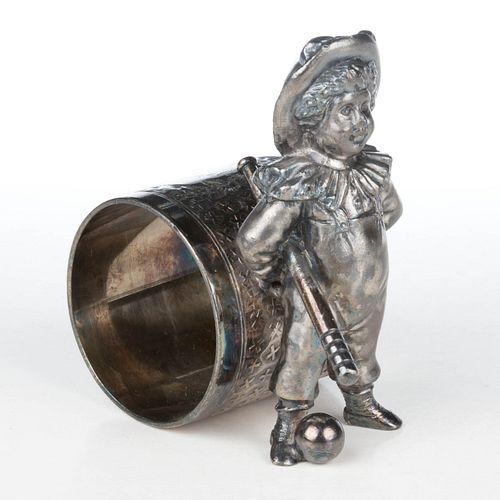 SIMPSON, HALL, MILLER & CO. KATE GREENAWAY-TYPE BASEBALL PLAYER FIGURAL SILVER-PLATED NAPKIN RING
