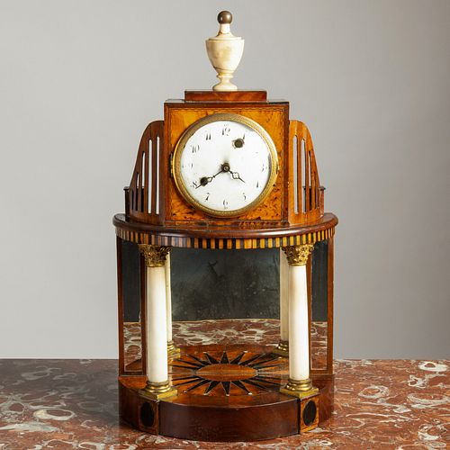Biedermeier Mahogany, Birch, Ebony and Mother-of-Pearl Inlaid Mantel Clock