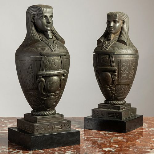 Pair of Egyptian Style Patinated-Metal Canopic Jars
