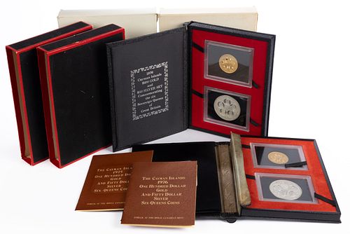 1975 AND 1976 CAYMAN ISLANDS GOLD AND SILVER PROOF SETS. LOT OF TWO