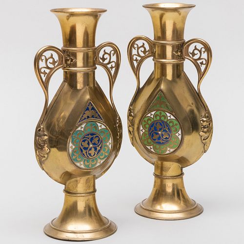 Pair of A.W.N. Pugin for  John Hardman & Co. Enameled Brass Vases