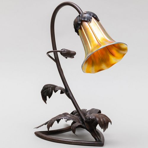 Galle Iron Table Lamp and a Steuben Glass Shade